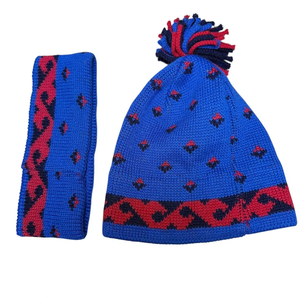 Vintage Lands End Wool‎ Beanie Headband Set Blue Red Geometric Pom Pom One Size